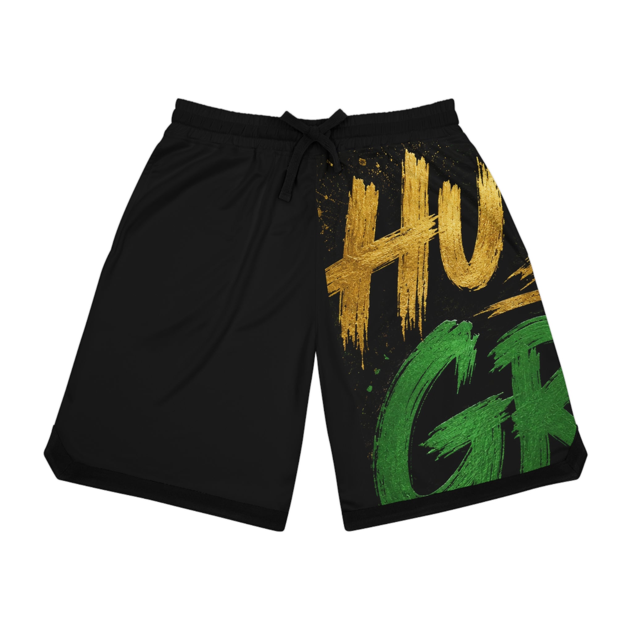 Basketball Rib Shorts — Bold Gold & Green Hustle Grind Graphic