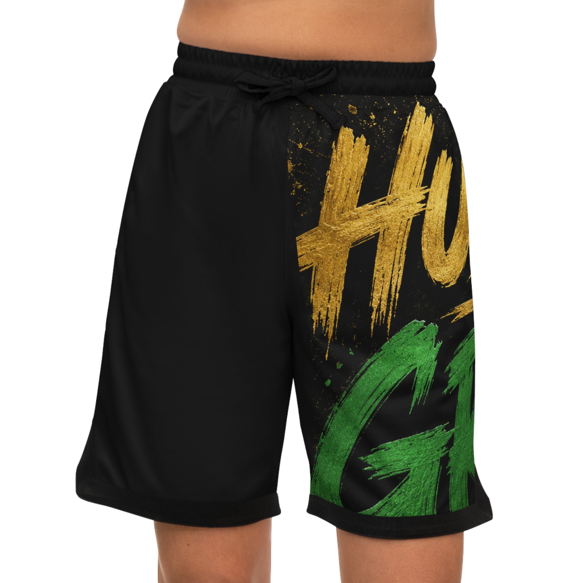 Basketball Rib Shorts — Bold Gold & Green Hustle Grind Graphic